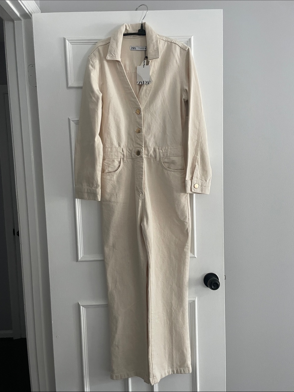 Zara Cream Long-Sleeve Utility Jumpsuit with Button Front